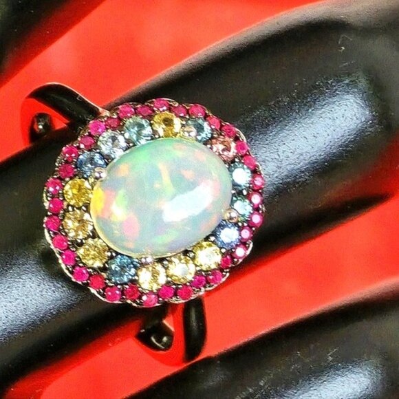 925 Sterling Silver Ring Sz 6.75 with Natural White Opal 10x7mm & Sapphire Gem - Picture 2 of 9